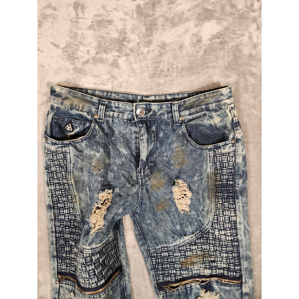Distressed Blue Wash Men's Jeans with Grid Paneling - Picture 5 of 14